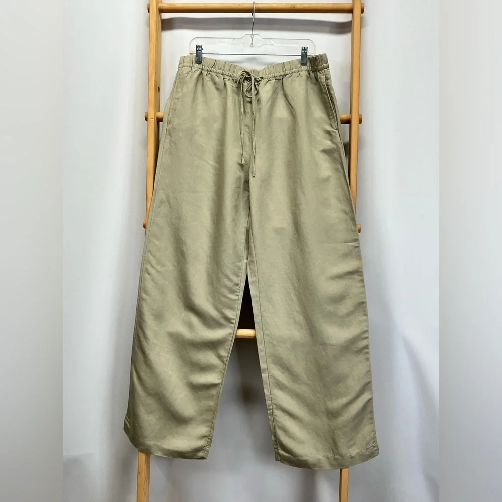 H&M Khaki drawstring waist Linen blend wide leg pants size L.